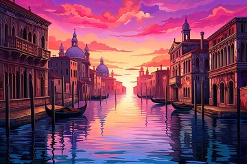 Tranquil Sunset Canal Scene: Venetian Sunset Gradients Capture Serene Beauty