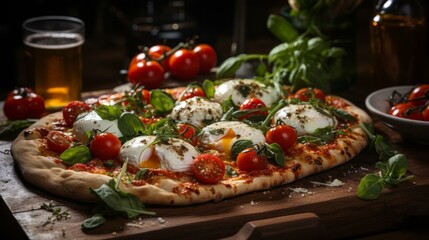 b'Pizza with poached eggs, tomatoes and basil' - obrazy, fototapety, plakaty