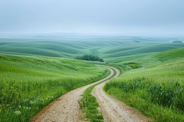 b'Scenic view of a rural road through a lush green hilly landscape'