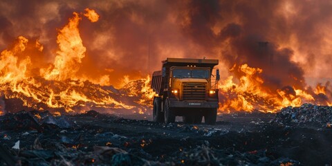 A dump truck drives through a landfill on fire - obrazy, fototapety, plakaty