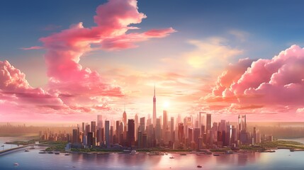Craft a detailed panoramic cityscape at sunrise using CG 3D rendering, highlighting modern skyscrapers bathed in the warm glow of the morning sun, set against a backdrop of soft pink clouds