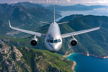 Fototapeta premium b'airplane flying over mountains and sea'
