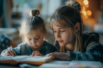 A young girl is sitting with her mother and they are reading a book together