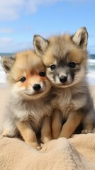 b'Two Adorable Fluffy Puppies Sitting on the Beach'