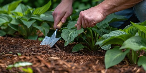 An unrecognized man hand using spade trowel to apply brown mulch with a big space for text or product advertisement background, Generative AI.