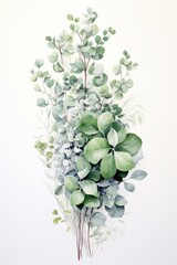 b'Green leaves and white flowers watercolor painting'