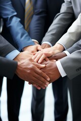 b'Business people of different ethnicities joining hands together'