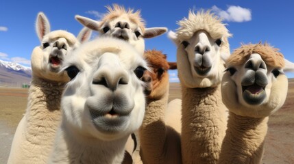 b'A group of alpacas looking at the camera' - obrazy, fototapety, plakaty