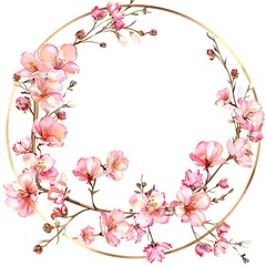 Fototapeta na wymiar Round flower frame. Golden frame with branches blooming flowers. Garden wreath pink azaleas. Hand drawn watercolor illustration white background for design wedding invitations, cards. Generative Ai