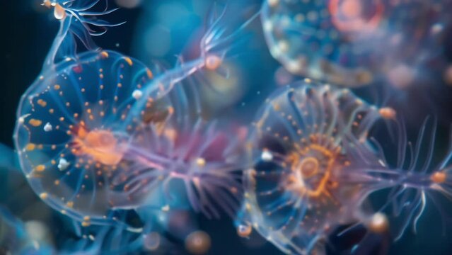 A closeup image of plankton reveals intricate details of their tiny bodies resembling miniature jellyfish or starfish with feathery . AI generation.