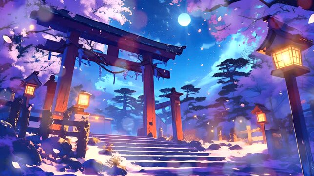 Japanese torii Gates amongst Cherry Blossom Trees at night. Ancient concept, anime illustration style, looping 4k video animation background