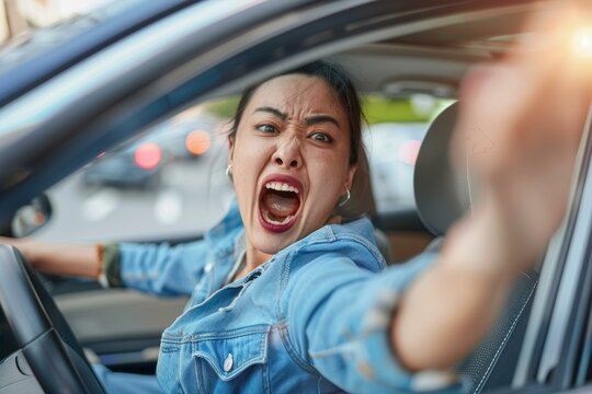 Angry woman driving car and gesturing middle finger