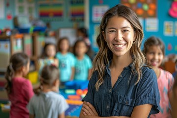 Obraz premium A smiling teacher standing in a classroom with her arms crossed.