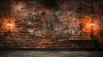 b'Brick wall background with wooden table and two hanging lights'
