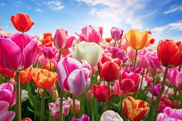 Vibrant Tulip Field Panorama: Lush Gradients in Full Bloom