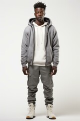 Fototapeta premium b'A man wearing a gray zip-up hoodie and gray cargo pants.'