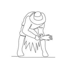 One continuous line drawing of Farmer activity vector illustration with white background. Farmer activity are preparing the soil, seeding, irrigating, weeding, and collecting the mature crops.