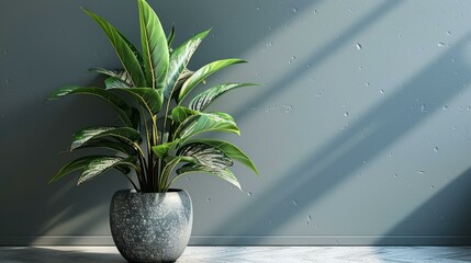 b'A potted plant sits in front of a gray wall with sunlight shining on it'
