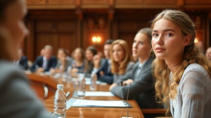 b'Portrait of a young blonde woman in a conference room'