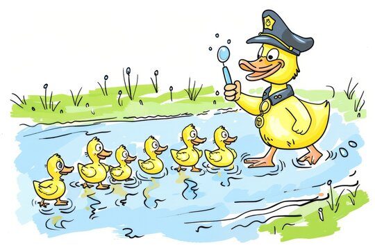 Cartoon cute doodles of a friendly police officer duckling quacking orders as it leads a line of ducklings across a puddle, Generative AI