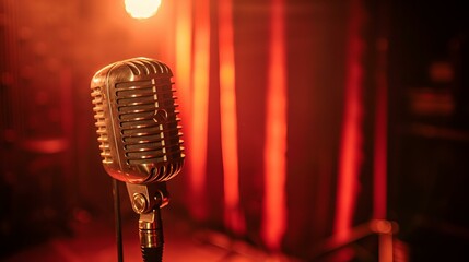 b'Retro microphone on stage with red curtain background'