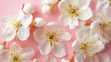 Template white flowers with yellow stamens placed on a pink background. Generative Ai - obrazy, fototapety, plakaty