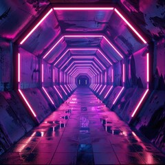 Neon lit hexagonal tunnel with perspective lines leading to infinity