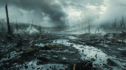 b'Post-apocalyptic landscape with dead trees and a ruined city in the background' - obrazy, fototapety, plakaty