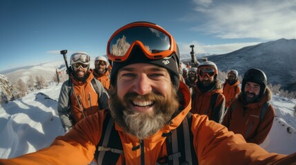 b'A group of male friends on a snowy mountain' - obrazy, fototapety, plakaty
