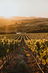 Naklejka premium Vineyard Bathed in The Warm Glow of Golden Hour, With Rows of Grapevines Stretching Into The Distance And The Sun Setting Behind Rolling Hills, Generative AI