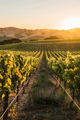Naklejka premium Vineyard Bathed in The Warm Glow of Golden Hour, With Rows of Grapevines Stretching Into The Distance And The Sun Setting Behind Rolling Hills, Generative AI