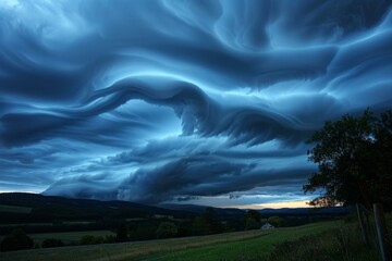 b'Shelf cloud formation over rural landscape'