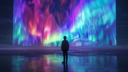 b'Boy standing alone in front of beautiful aurora borealis' - obrazy, fototapety, plakaty