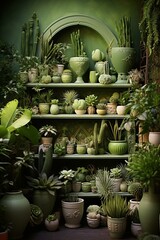 b'An abundance of green plants on shelves against a green background'