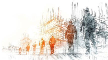 Several construction engineers are in a meeting holding construction drawings at a construction site with many machines.	