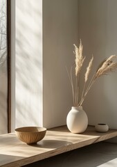 b'A ceramic vase with pampas grass sits on a wooden shelf.'