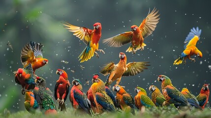 b'A flock of colorful parrots in the jungle' - obrazy, fototapety, plakaty