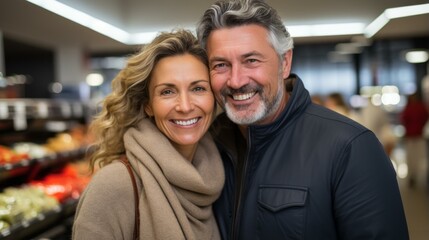 Fototapeta premium b'Happy couple smiling in a grocery store'