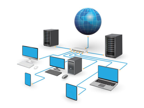 Lan network 3D diagram for business and technology concept. WAN of computer networking vector.