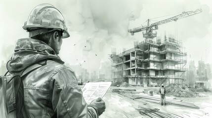 Several construction engineers are in a meeting holding construction drawings at a construction site with many machines.	