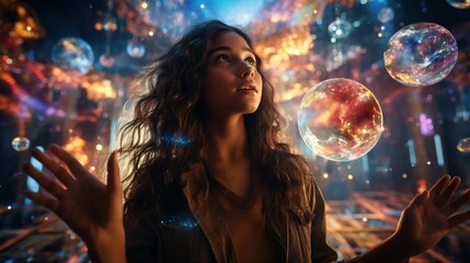 Young woman in a 3D magical world, harnessing electric elements with spellbinding beauty, set in a vibrant, fantasy environment ,ultra HD,digital photography - obrazy, fototapety, plakaty