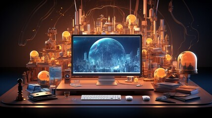 A beautifully arranged computer desk with sophisticated devices, 3D elements enhancing the artistic composition, ideal for tech enthusiasts ,3DCG,high resulution,clean sharp focu