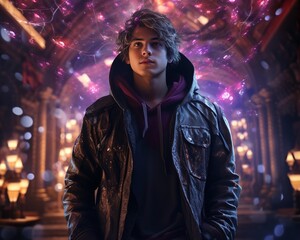 A fashionable young man in a dark, magical setting, his outfit and the surroundings enhanced with 3D digital energy and sharp focus ,ultra HD,digital photography