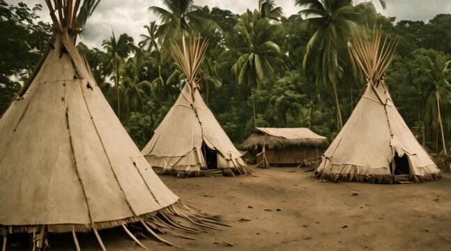 View of an Asmat native village with teepee tents