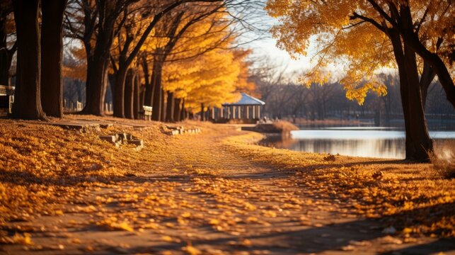 b'Fall Scenery of a Lakeside Park'