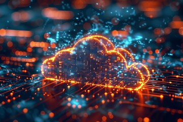 b'Glowing orange cloud of data particles over a circuit board'