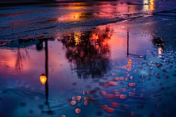 A colorful sunset reflected in the puddles of a rain-soaked parking lot, Generative AI