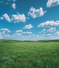 Fototapeta premium b'Grasslands under blue sky and white clouds'
