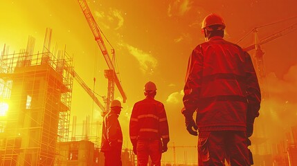 Several construction engineers are in a meeting holding construction drawings at a construction site with many machines.