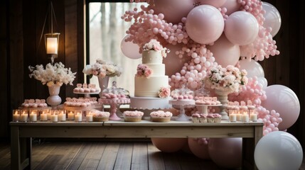 b'A beautifully decorated table with a cake and other desserts.'